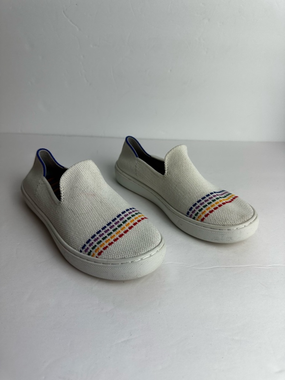 Rothy's The Kid White Rainbow Knit Slip On Sneaker Shoes Big Girl's Size US 2